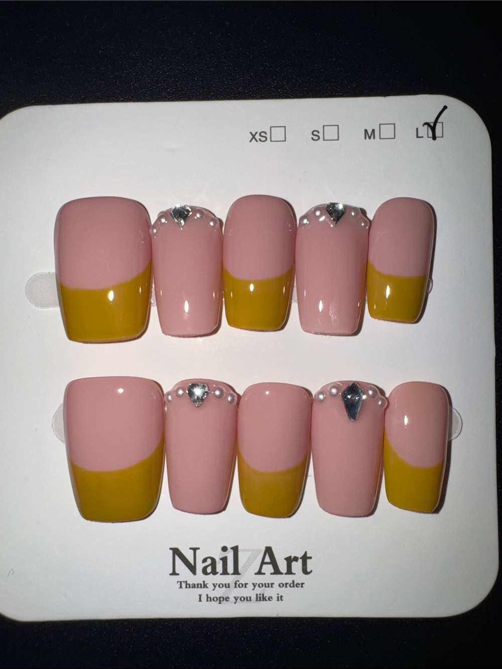 Pink & Mustard Half-Moon Press-On Nail Set with Rhinestones